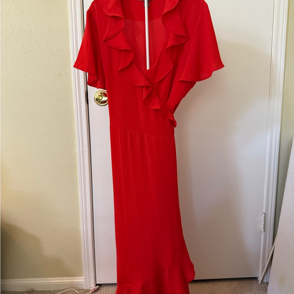 Chelsea28 Red Ruffled Maxi Wrap Gown with Flutter Sleeves
